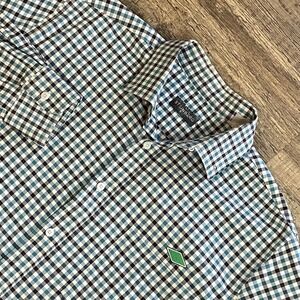 Steinberg Mens Gingham Check Button Down Shirt Teal Black White Office Dadcore L